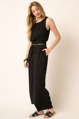 Black Crinkle Gauze Tank Top And Pants Set