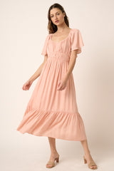 Peach Flutter Sleeve Midi Dress