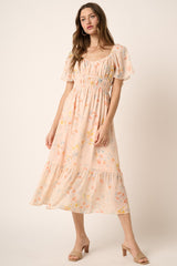 Blush Flower Print Princess Neckline Midi Dress