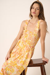 Yellow Flower Print Smocking Detail Midi Dress