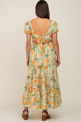 Light Olive Floral Tiered Cutout Back Maternity Maxi Dress
