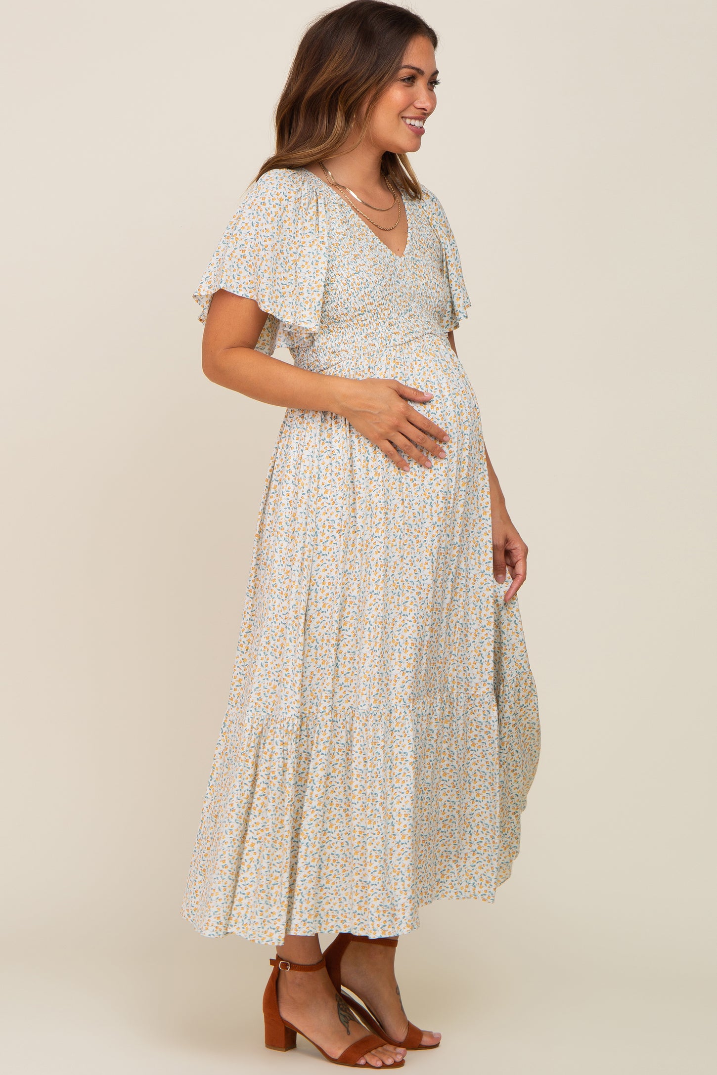 Ivory Floral Smocked Maternity Midi Dress