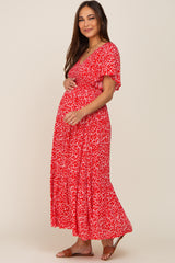 Red Floral Smocked V-Neck Flutter Short Sleeve Maternity Midi Dress