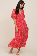 Red Floral Smocked V-Neck Flutter Short Sleeve Maternity Midi Dress