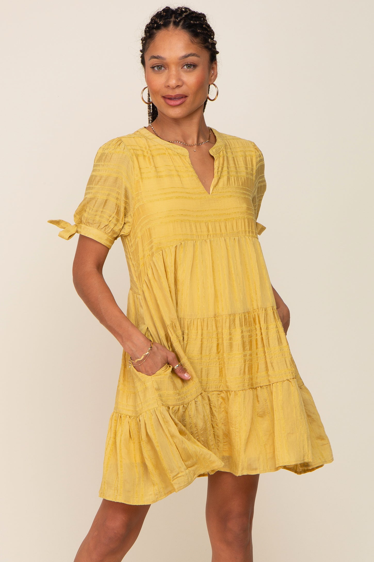 Yellow Textured Stripe V-Neck Tiered Dress