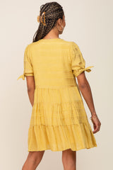 Yellow Textured Stripe V-Neck Tiered Dress