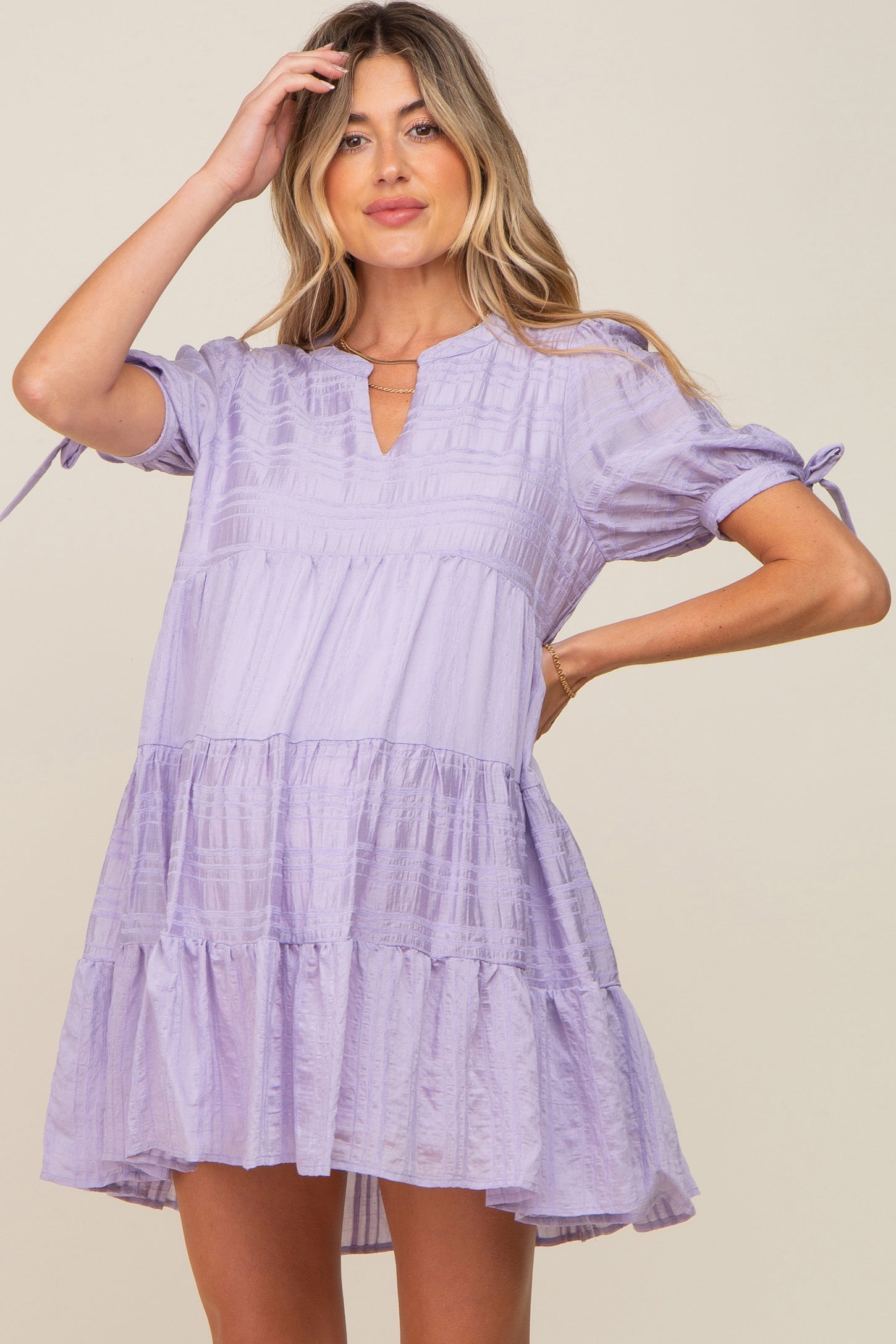 Lavender Textured Stripe V-Neck Tiered Maternity Dress