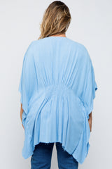 Light Blue Fringe Maternity Plus Dolman Sleeve Cover Up