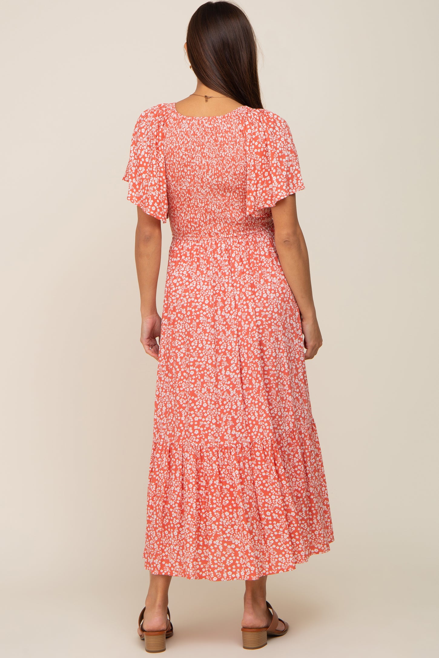 Coral Floral Smocked V-Neck Flutter Short Sleeve Maternity Midi Dress