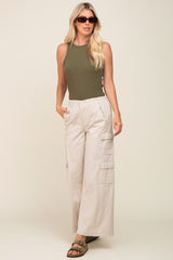 Beige Double Pocket Wide Leg Cargo Pants