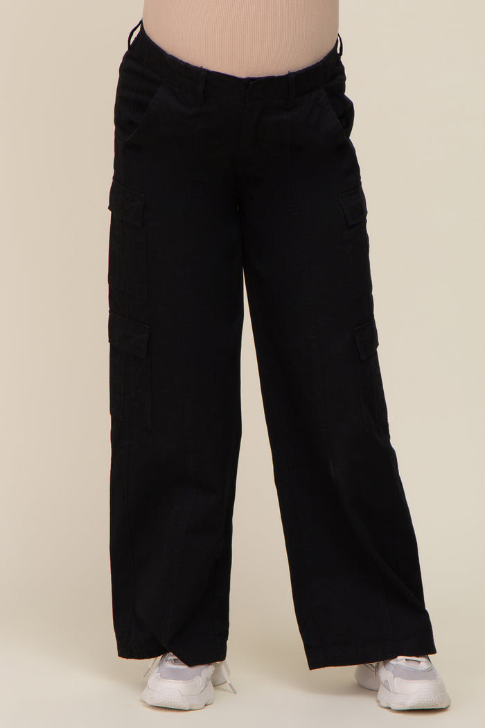 Black Maternity Double Pocket Wide Leg Cargo Pants