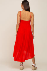 Red Square Neck Tiered Hi-Low Maternity Midi Dress