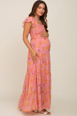 Pink Floral Ruffle Tiered Maternity Maxi Dress