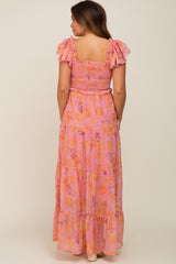 Pink Floral Ruffle Tiered Maternity Maxi Dress