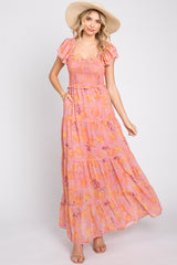 Pink Floral Ruffle Tiered Maxi Dress