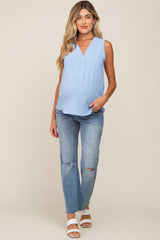 Light Blue Solid V-Neck Sleeveless Maternity Top