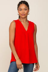 Red Solid V-Neck Sleeveless Top