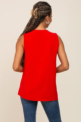 Red Solid V-Neck Sleeveless Top