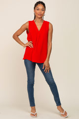 Red Solid V-Neck Sleeveless Top