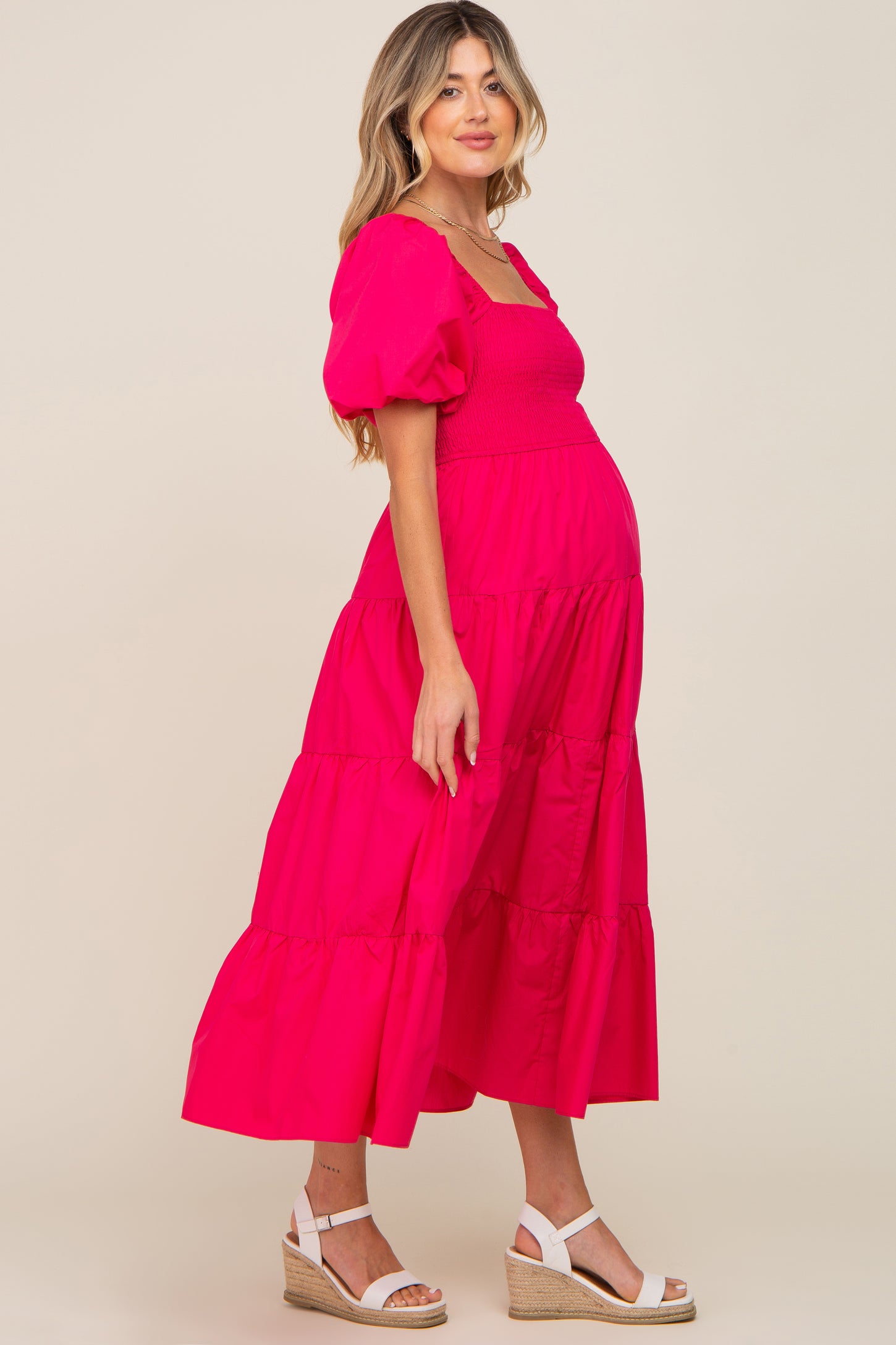 Fuchsia Square Neck Smocked Puff Short Sleeve Tiered Maternity Midi Dress