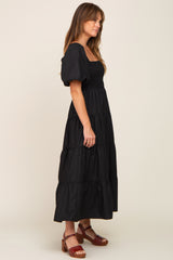 Black Square Neck Smocked Puff Short Sleeve Tiered Midi Dress