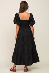 Black Square Neck Smocked Puff Short Sleeve Tiered Midi Dress