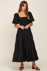 Black Square Neck Smocked Puff Short Sleeve Tiered Midi Dress