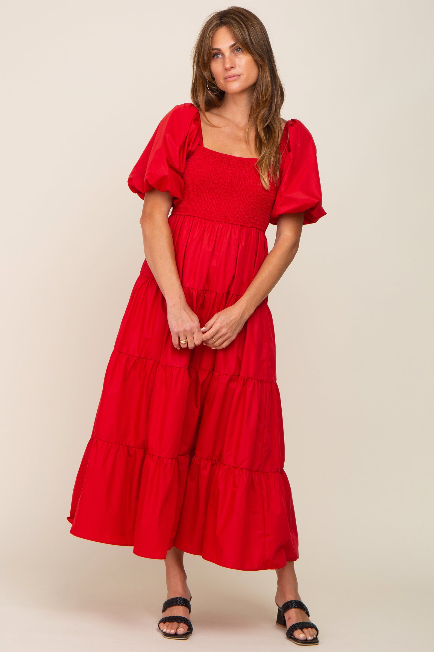 Red Square Neck Smocked Puff Short Sleeve Tiered Midi Dress