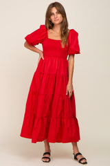 Red Square Neck Smocked Puff Short Sleeve Tiered Midi Dress