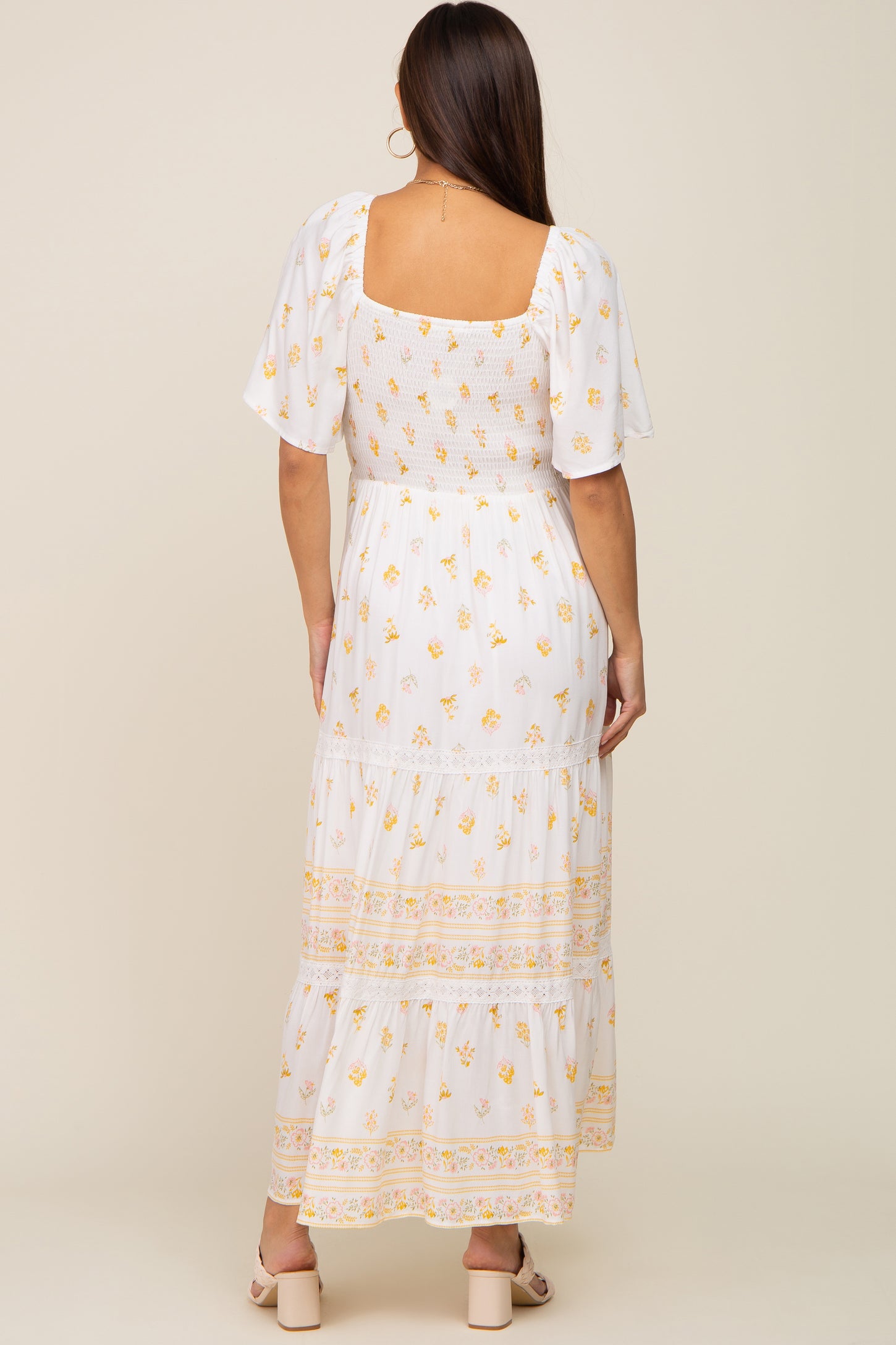 Ivory Floral Flutter Sleeve Maternity Midi Dress