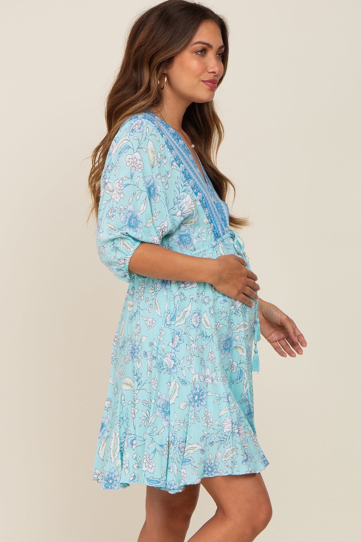 Light Blue Floral Border Print Maternity Dress