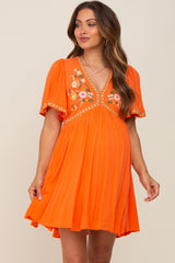 Orange Embroidered V-Neck Maternity Dress