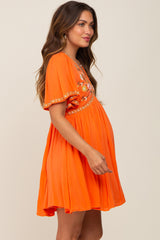 Orange Embroidered V-Neck Maternity Dress