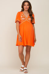 Orange Embroidered V-Neck Maternity Dress