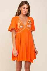 Orange Embroidered V-Neck Maternity Dress