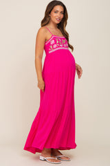 Magenta Floral Embroidery Maternity Maxi Dress