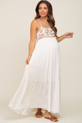 Cream Floral Embroidery Maternity Maxi Dress