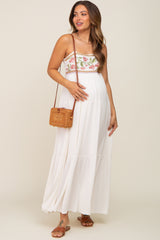 Cream Floral Embroidery Maternity Maxi Dress