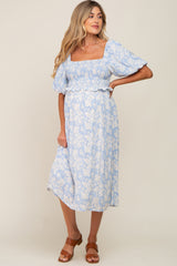 Light Blue Floral Smocked Maternity Midi Dress