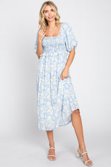 Light Blue Floral Smocked Maternity Midi Dress