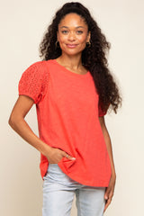 Coral Eyelet Lace Short Sleeve Top