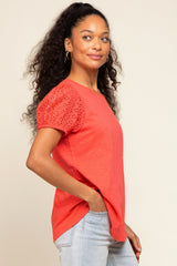 Coral Eyelet Lace Short Sleeve Top