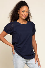 Navy Blue Eyelet Lace Short Sleeve Top