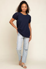 Navy Blue Eyelet Lace Short Sleeve Top