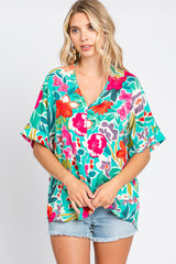 Emerald Green Floral V-Neck Blouse