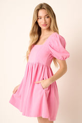 Hot Pink Washed Denim Puff Sleeve Babydoll Dress