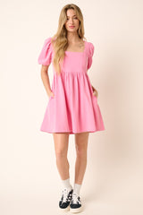 Hot Pink Washed Denim Puff Sleeve Babydoll Dress