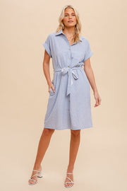 Light Blue Pin Stripe Belted Shirt Dress