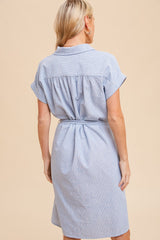 Light Blue Pin Stripe Belted Shirt Dress