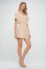 Beige Short Dolman Sleeves Crinkle Woven Romper